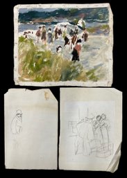 Vintage Impressionist Oil On Canvas And Pencil Sketches Unsigned