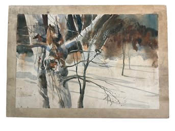 Vintage Watercolor Of Birches In Winter Indistinctly Signed Landscape