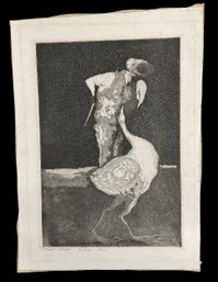 Vintage 1970s Surreal Etching Of Hunter And Swan By Gray 1971
