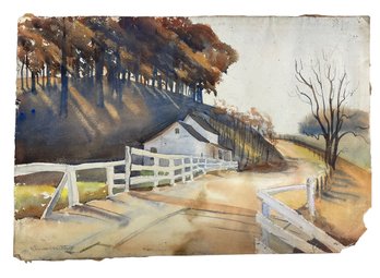 Elaine Hartley Original Double Sided Watercolor Fall Landscape And Monastery