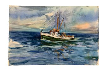 Allen Hawks 1983 Original Watercolor Of Fishing Boat