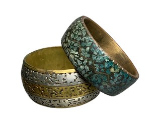 Two Vintage Funky Tribal Style Wide Bangle Bracelets India Copper Inlaid & Mixed Metal