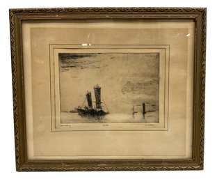 A. Willis Antique Steel Etching Of Boats Pencil Signed