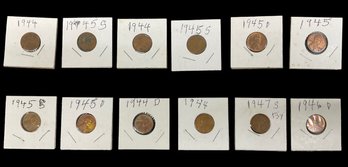 Lincoln Wheat Cent Pennies 1944-1947 Various Mint Marks Carded