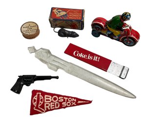 Antique & Vintage Novelty Toy & Advertising Lot Line Mar Japanese Tin Motorcycle Mini Boston Red Sox Pennant