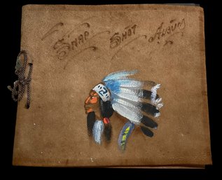 Antique Or Vintage Leather Bound Snap Shot  Album Hand Painted Native American Chief