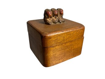 Vintage Hand Carved Wood Box With See No Evil Hear No Evil Speak No Evil Monkeys