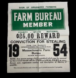 Vintage 1954 Farm Bureau Organized Farmers Reward Poster For Theft Printed On Fabric