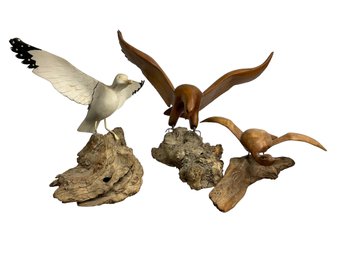 Trio Of Hand Carved Bird Decoys, Eagle, Seagull, Duck Arthur Adams J. Henson Jr. Etc