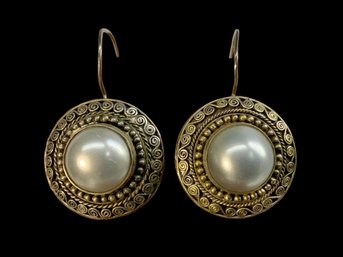 800 Silver And Faux Pearls Vintage Drop Style Earrings