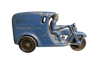 Barclay Cast Iron Toy Parcel Delivery Motorcycle 1930s In Blue Paint