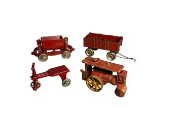 Four 1930s Cast Iron Toys Arcade Wagon Unknown Maker Steam Roller Tricycle And Railroad Car