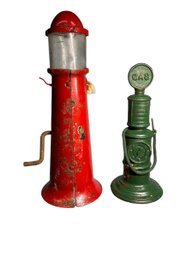 Two 1930s Toy Gas Pumps Pressed Steel And Iron One