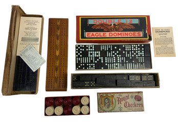 1930s Cribbage Boards Royal Checkers Set Double 12 Eagle Dominoes Parker Brothers Etc