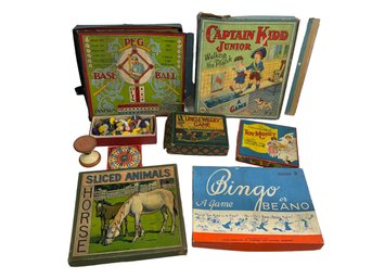 Vintage And Antique Board Games Including Peg Baseball Bingo Captain Kidd Junior Etc