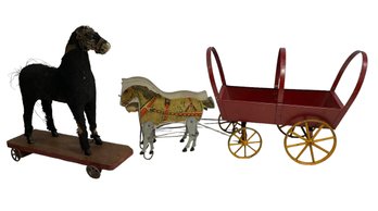 Antique 1910 Gibbs MFG Co. Toy Horse And Covered Wagon  Plus A German Wood And Burlap Pull Toy Horse