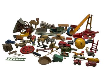 Box Lot Of Assorted 1930s Toy Parts Overpainted Trucks Bits & Bobs Etc