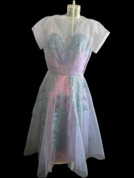 1950s Vintage Women's Tea Length Tulle Blue And Pink Gown Prom Dress