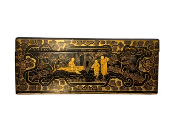 Antique Chinese Black Lacquer Box With Gold Paint