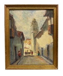 Vintage Or Antique Impressionist Peruvian Oil On Canvas Of Street Scene Peru With Llamas And Church