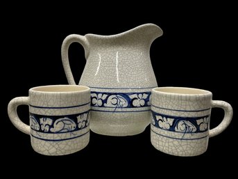 Vintage Dedham Pottery Pitcher And Mugs