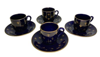 Vintage Rorstrand Cobalt Blue Porcelain Fleur De Lis Demitasse Cup & Saucers