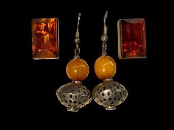 Sterling And Amber Earrings Two Pairs