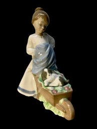 Rare Nao Lladro Figurine Girl With Wheelbarrow And Dog #01431