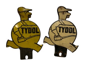 Two Antique Tydol Engineers Gas License Plate Toppers