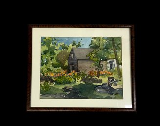 Framed Watercolor Cottage And Greenery