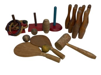 1930s Or Earlier Wooden Toys Including Ping Pong Ring Toss Bowling Pins Etc