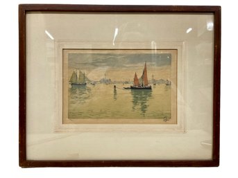 Antique Pencil Signed Lithograph Of Sailboats