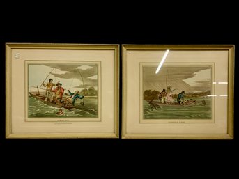 Pair Of Very Unusual Humorous Antique Fishing Lithographs