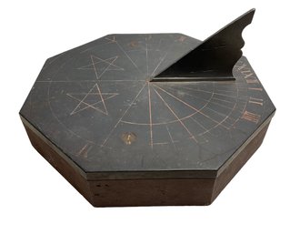 Antique Engraved Steel Hexagonal Sundial With Roman Numerals And Stars
