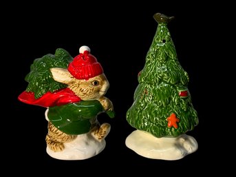 Porcelain Rabbit And Christmas Tree Salt And Pepper