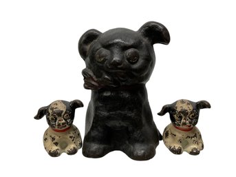 Antique Cast Iron Doggy Bank W Two Matching Iron Paperweight Pups!