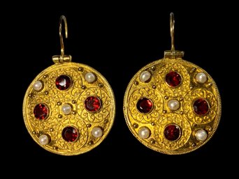 Byzantine Style Garnet And Pearl Gold Over .925 Vermeil Earrings