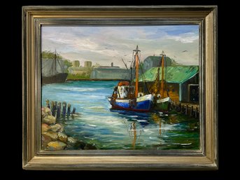 Oil Painting On Canvas Signed Laurie Boats In Harbor