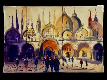 Signed Watercolor Of St Marks Venice On Thick Parchment Paper