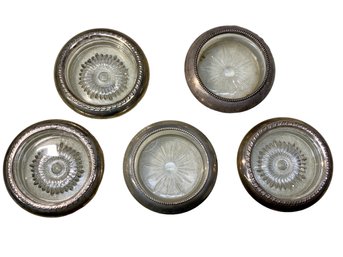 Five Sterling And Glass Vintage Coasters