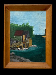 Primitive Style Harbor And Lobster Traps Painting