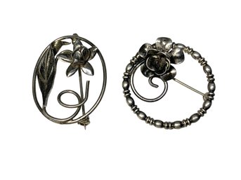 Two Vintage Sterling Flower Pins Brooches,
