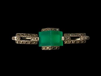 Green Onyx, Sterling And Marcasite Art Deco Brooch