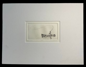 Etching Of Fly Fisherman In Canoe By G.C. Thomas Titled The Cast