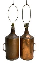 Pair Of Antique Copper Gas Or Oil Fuel Cans Made Into Lamps
