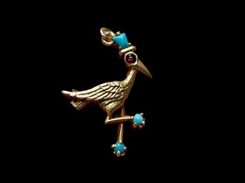 14K Gold Antique Stork Charm Pendant With Ruby And Turquoise