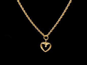 14K Gold Chain Necklace With Heart Charm Small Diamond