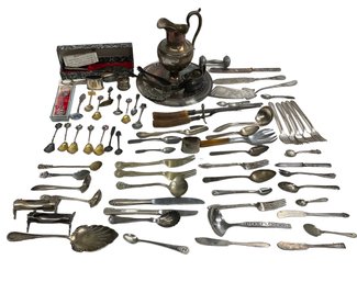 Large Lot Of Various Antique Silver Plate And Other Metal Pieces New York Worlds Fair Pitcher Carving Set