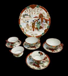Assembled Set Of Vintage Japanese Porcelain Tea Cups And A Serving Dish