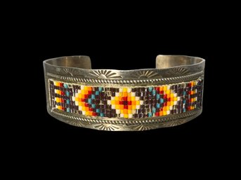 Sterling Silver Native American Woven Beaded Cuff Bracelet